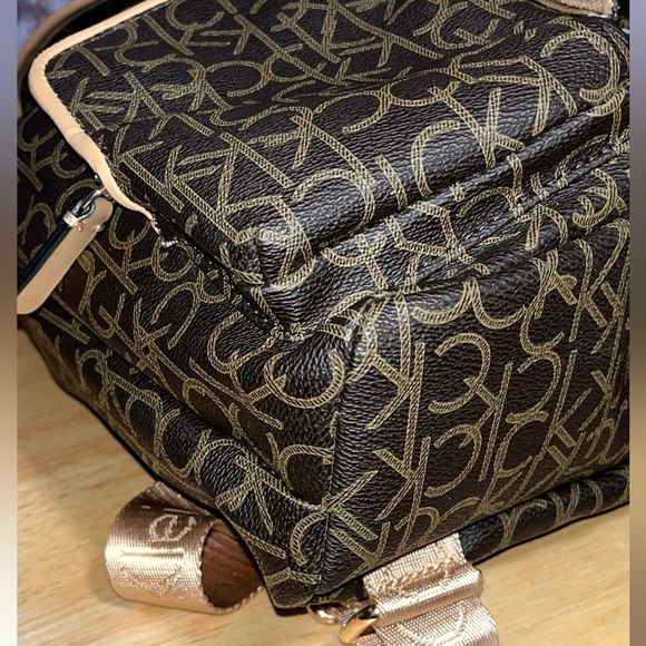 Calvin Klein Logo Monogram Brown Tan Adjustable Backpack Bag - Picture 6 of 14